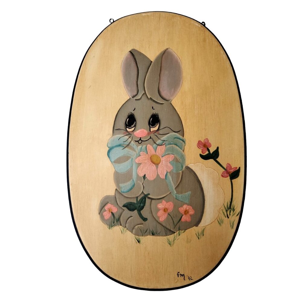 vintage 1992 oval hanging solid wood hand painted by FM 2 sided wall decor.
